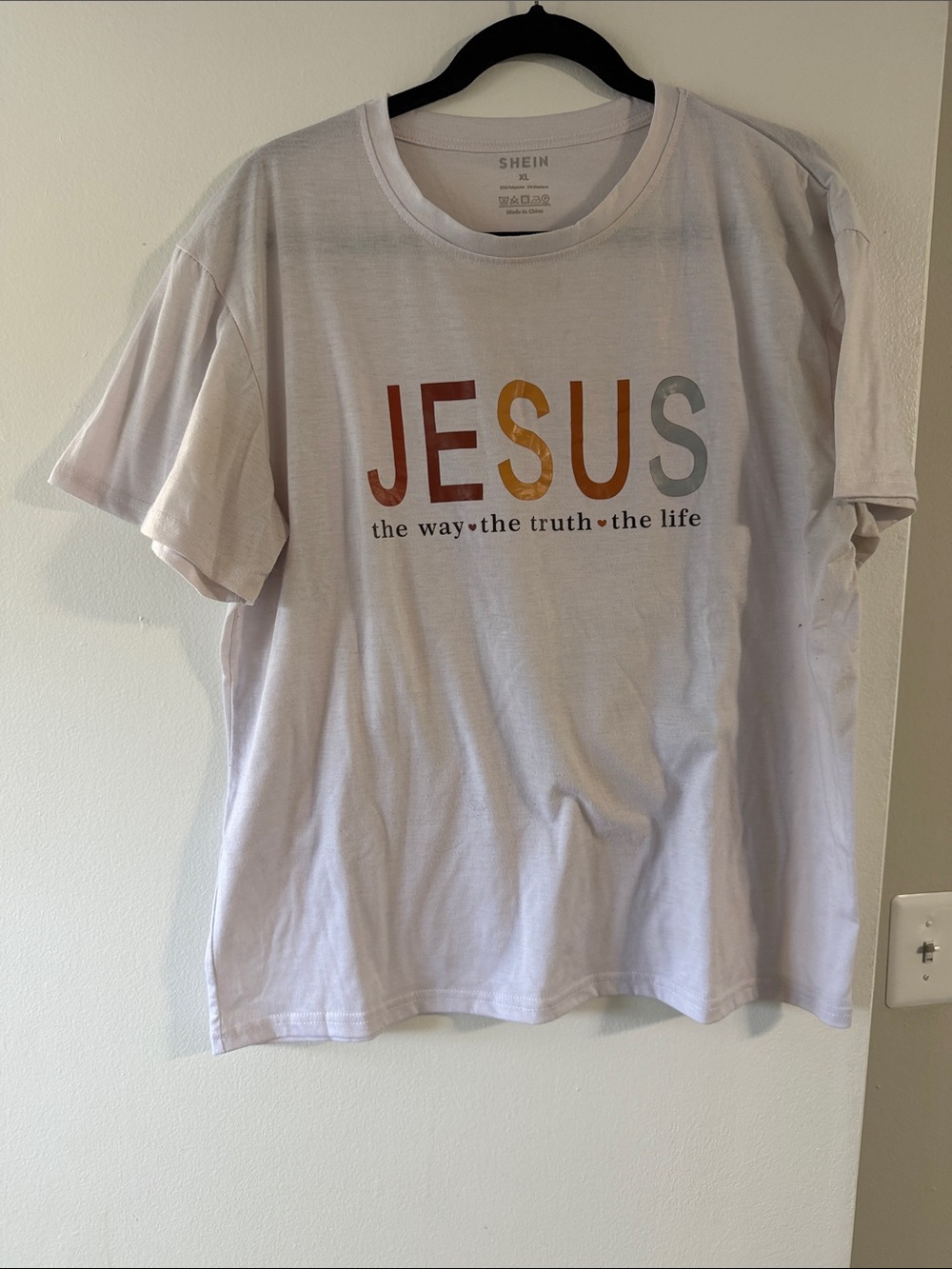 SHEIN White Tee with Multicolor JESUS Print